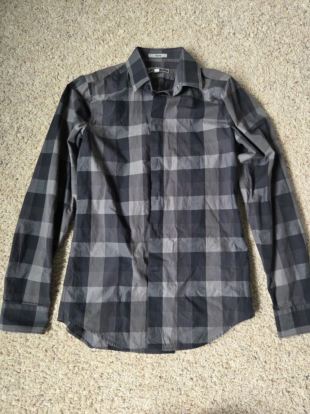Express Men's Black and Gray Plaid Button-Down Shirt